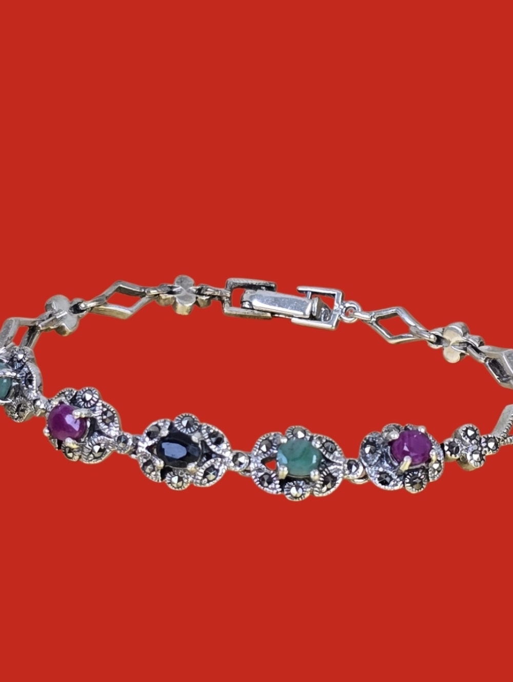 Natural Ruby 5x4mm, Emerald,‎ Sapphire, Marcasite 925 Sterling Silver Bracelet